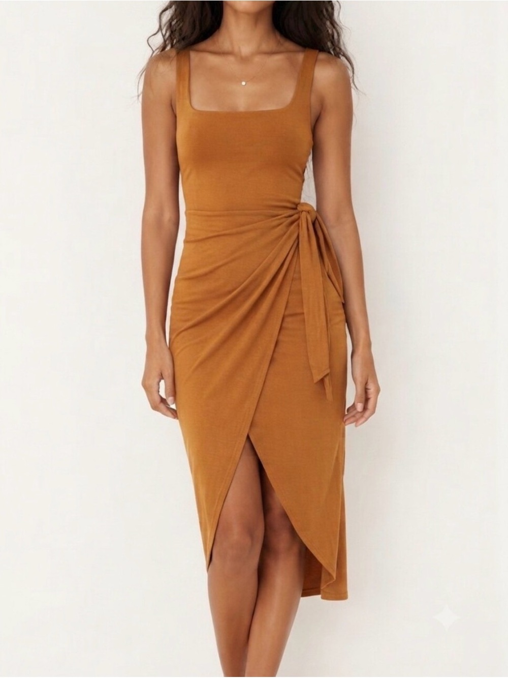 Aritzia Wilfred Saturn Midi Dress Square-neck wrap dress Rich Chestnut XL